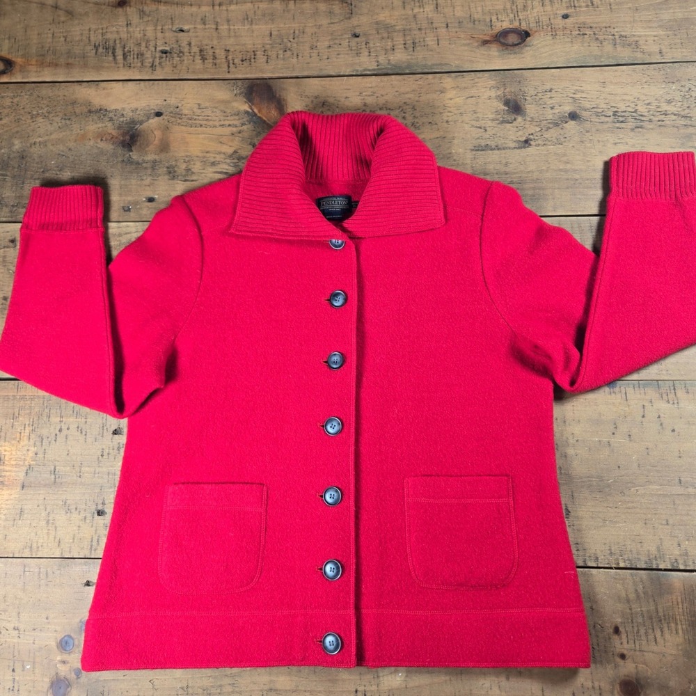 Pendleton Red 100% Merino Wool Button Cardigan Jacket Petite XL Ribbed Collar